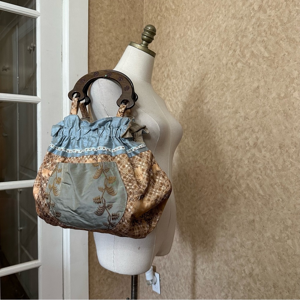 VTG Handmade Reversible Patchwork Hippie Boho Western Beaded Wooden Handle Purse